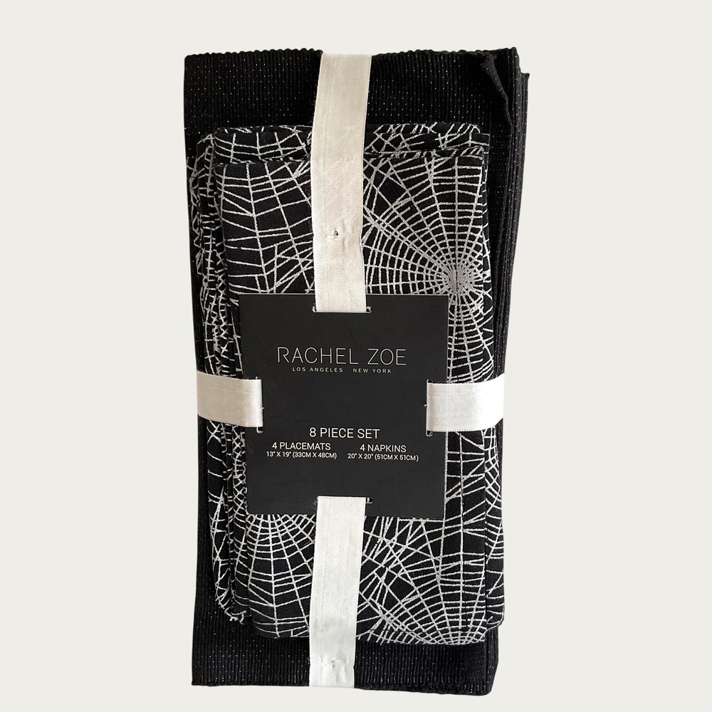 Rachel Zoe 8 Piece Spiderweb Placemat and Napkin Set Black Silver Halloween Goth